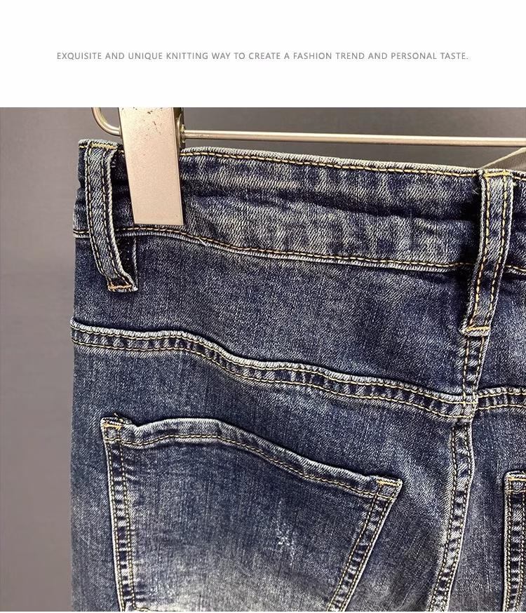 Scratched Ripped Jeans Men's Summer Thin Retro Old Slim-fitting Pants Trendy Brand Printed Nine-point Pants, Blue 29_viptrois.com