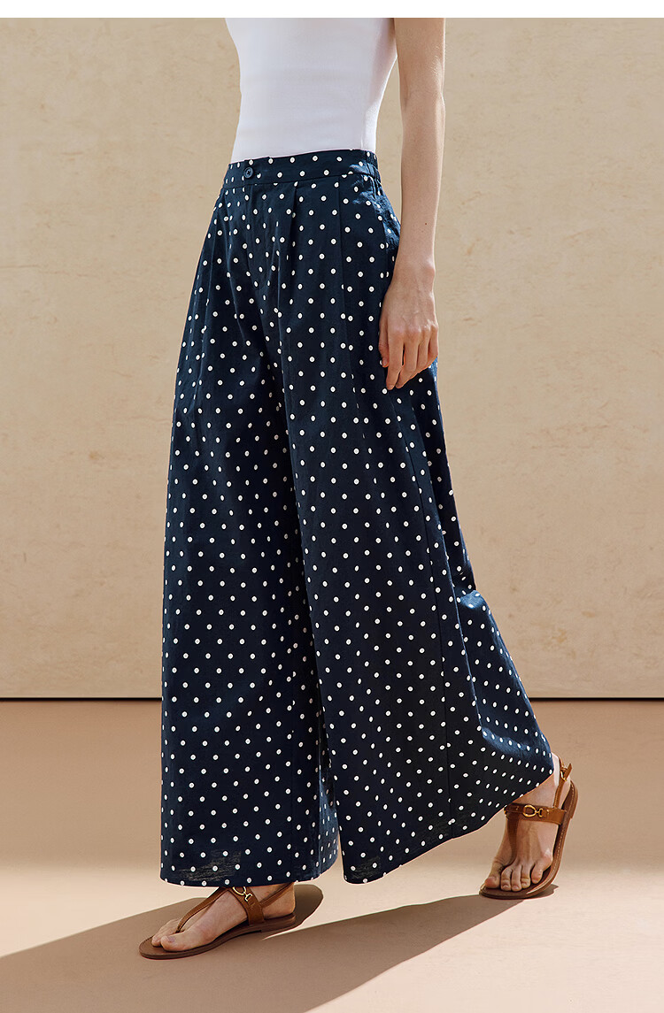 INMAN Linen Cotton Vintage Polka Dot Loose Wide-Leg Pants 26 Summer Women's New Elastic Waist Long Pants Black and White Polka Dot S 13