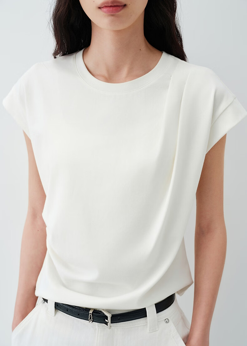 Peacebird Women's T-Shirt [5A Antibacterial] Waist Pleated Slim Fit Short Sleeve Summer Puff Sleeve Top White L 16