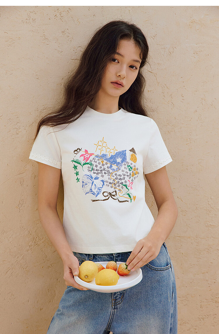 INMAN White Printed Shoulder Short Sleeve T-Shirt 26 Summer Women's New Round Neck Lace Slim Top Pearl White XL 17