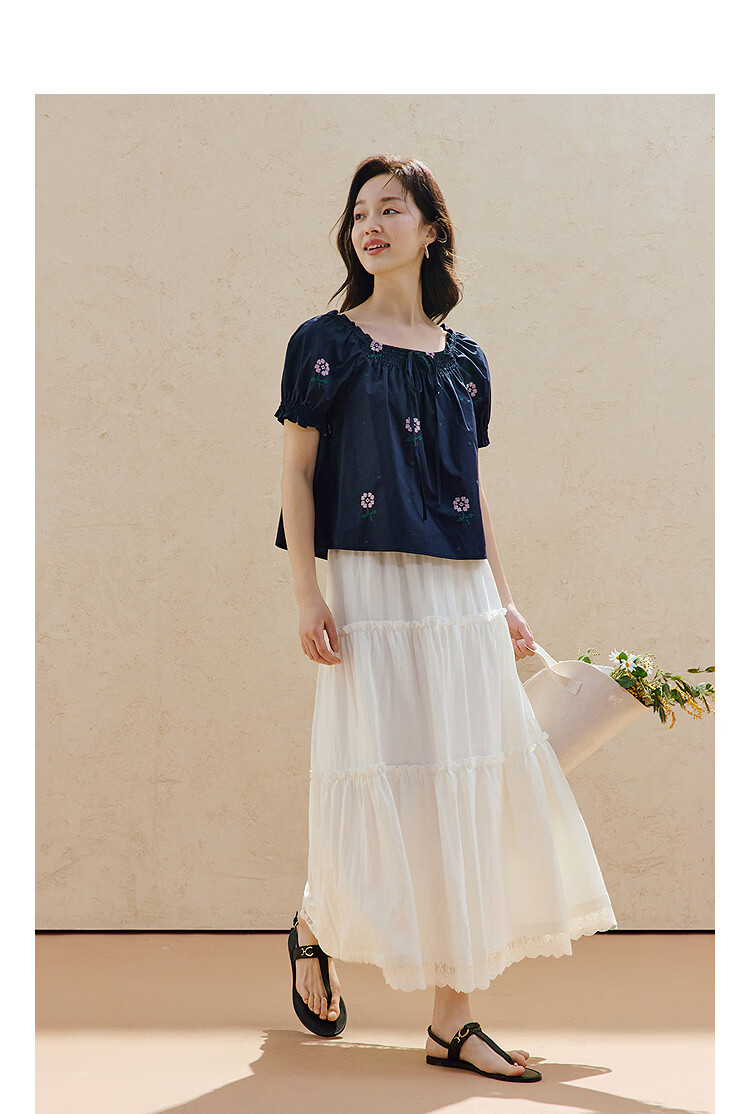 INMAN 100% Xinjiang Cotton French Square Neck Embroidered Shirt 2026 Summer Women's New Off-Shoulder Top Navy Blue S 4