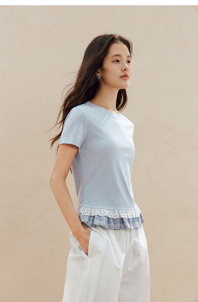 INMAN Color-Block Lace Trim Short Sleeve Slim Fit T-Shirt 26 Summer Women's New Lace Plaid Top Light Blue S 15