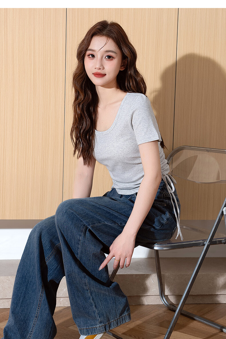 TonLion Tang Lion 2026 Spring Women's Knitted U-Neck Drawstring Short Sleeve T-Shirt Light Pink M 22