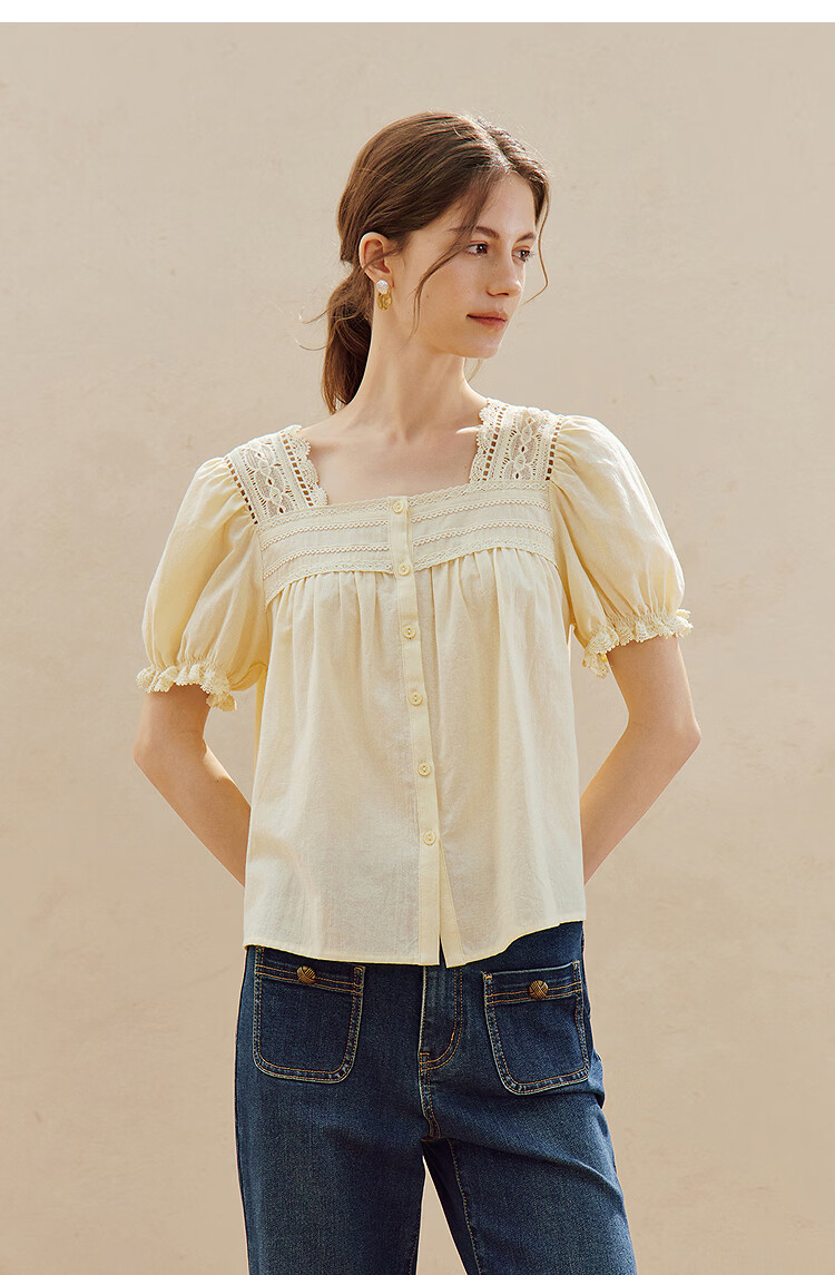 INMAN Linen Cotton French Lace Embroidered Square Neck Puff Sleeve Shirt Summer 2026 Women's New Milk Yellow XL 14