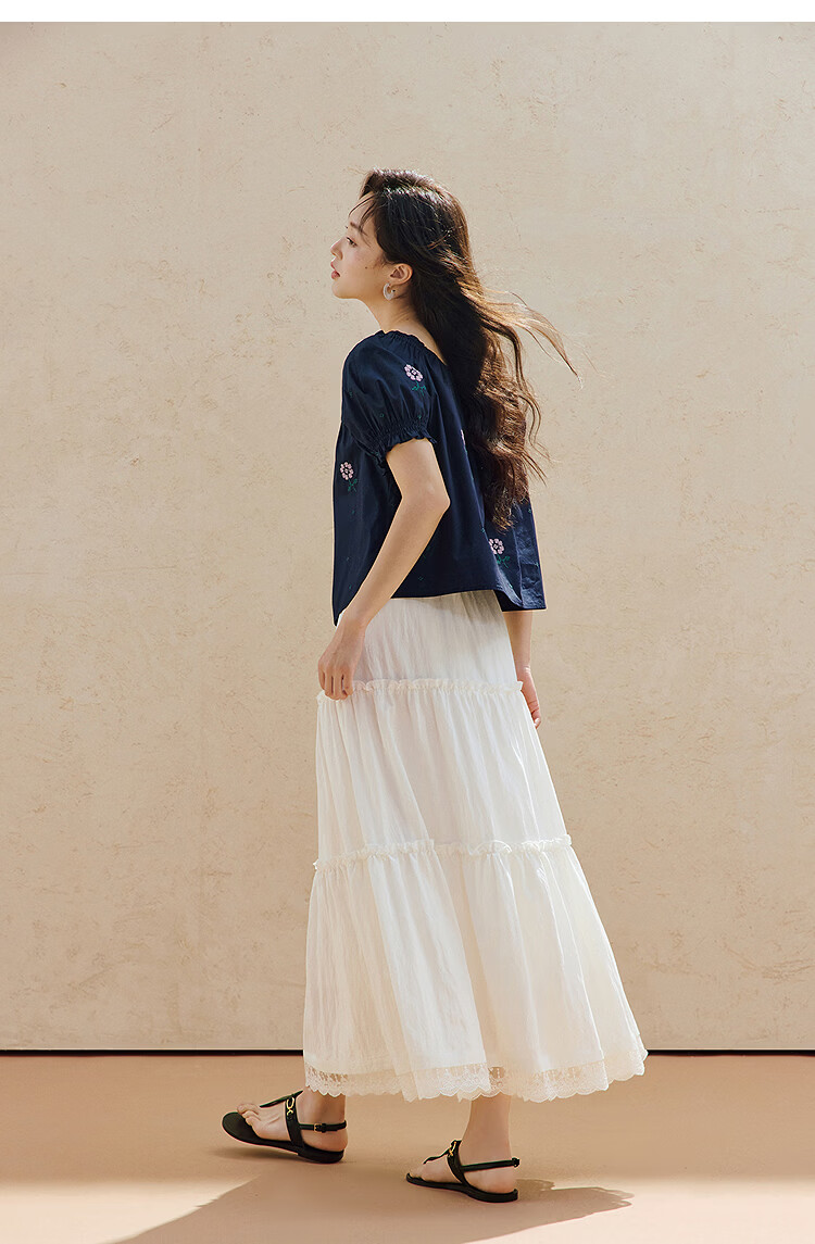 INMAN 100% Xinjiang Cotton French Square Neck Embroidered Shirt 2026 Summer Women's New Off-Shoulder Top Navy Blue S 18