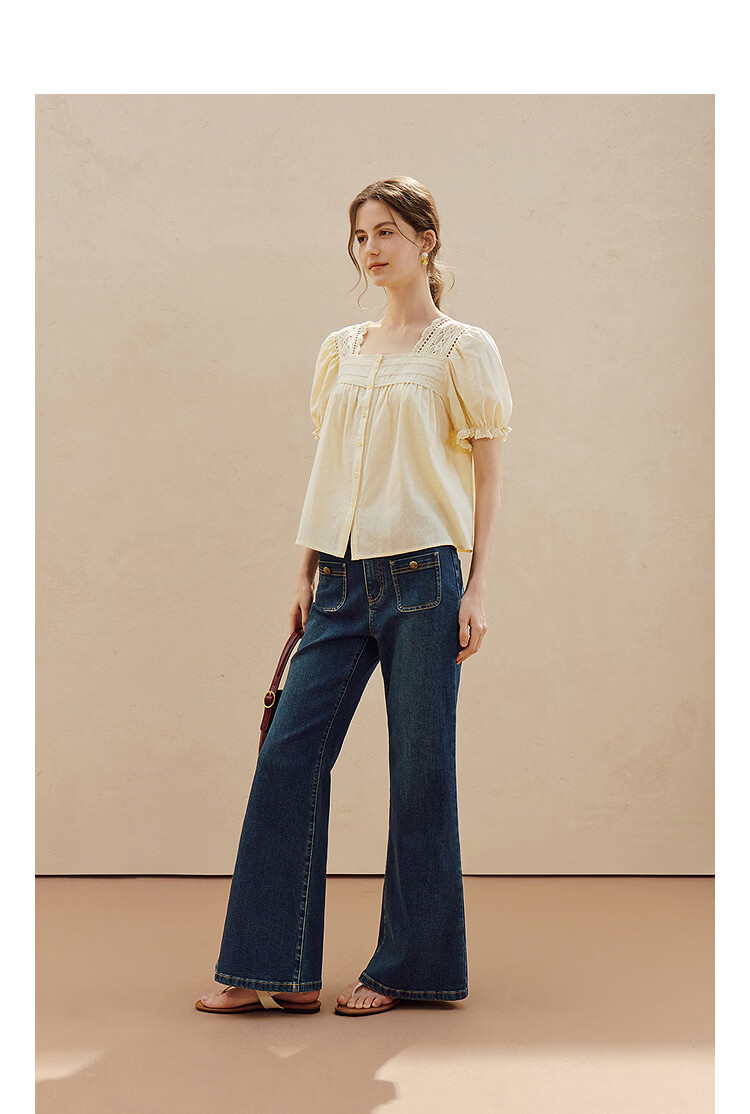 INMAN Linen Cotton French Lace Embroidered Square Neck Puff Sleeve Shirt Summer 2026 Women's New Milk Yellow XL 4
