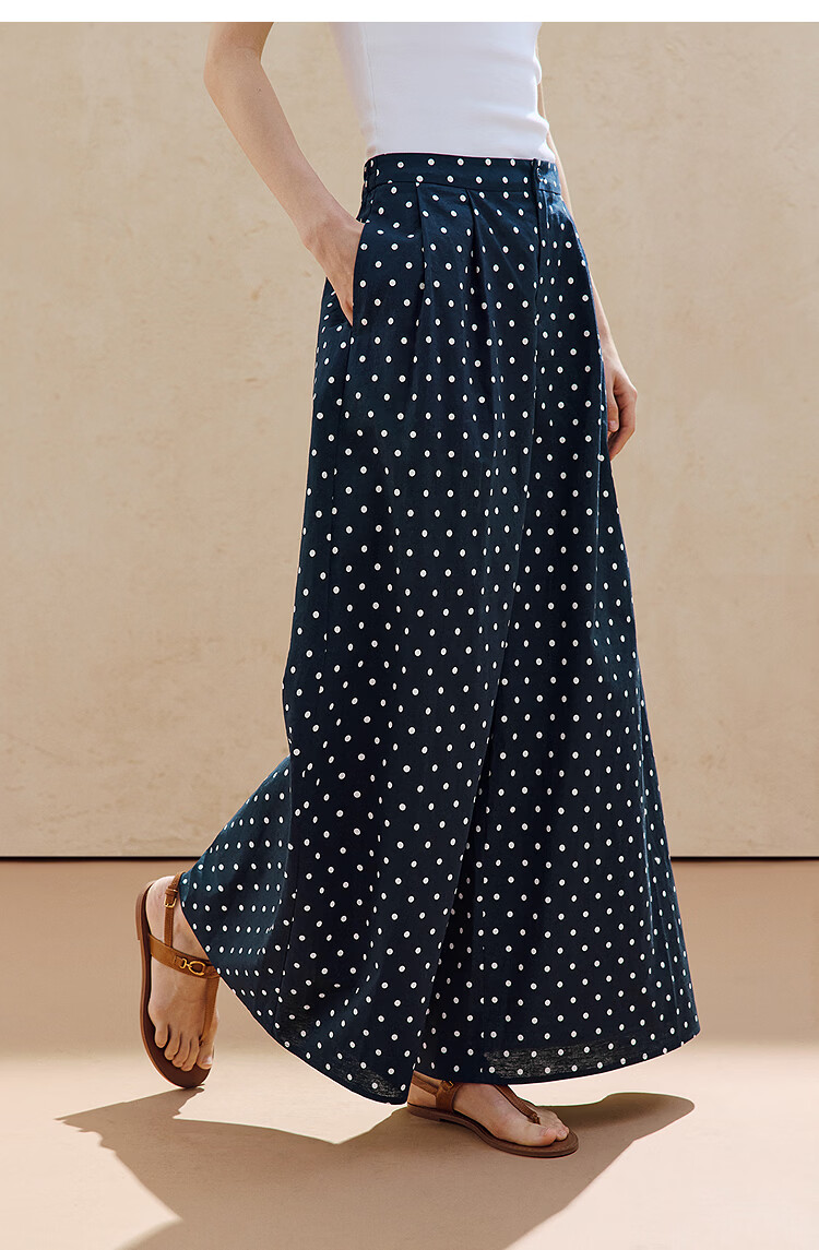 INMAN Linen Cotton Vintage Polka Dot Loose Wide-Leg Pants 26 Summer Women's New Elastic Waist Long Pants Black and White Polka Dot S 12