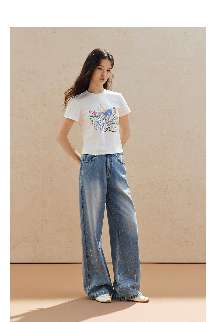 INMAN White Printed Shoulder Short Sleeve T-Shirt 26 Summer Women's New Round Neck Lace Slim Top Pearl White XL 4