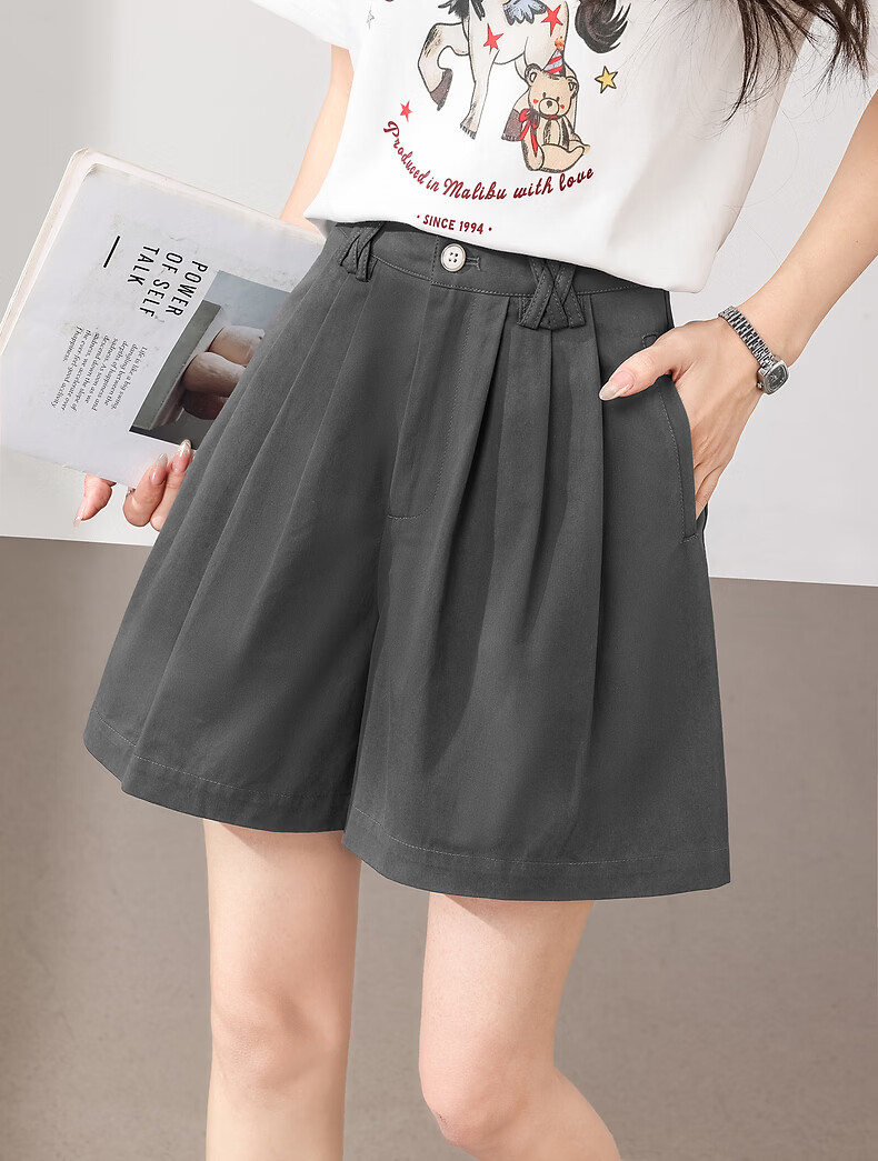 TonLion 2026 New Summer Casual Women's Shorts Gray High-Waist A-Line Korean Style 2