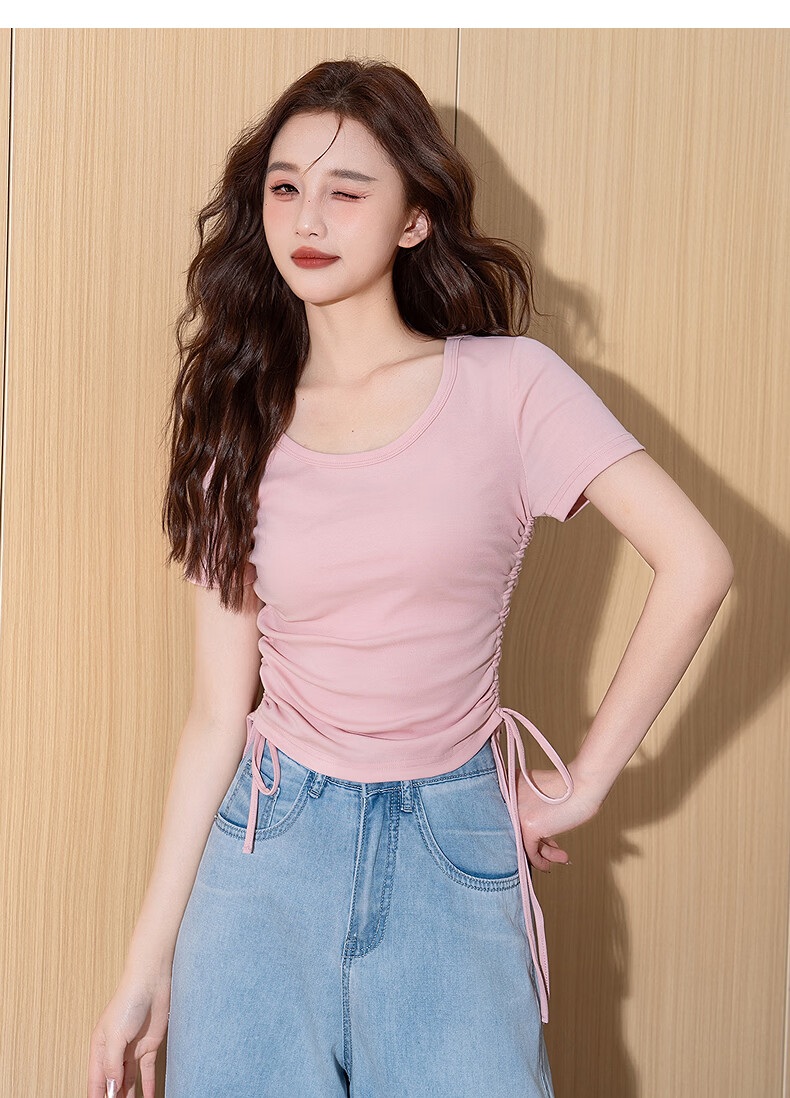 TonLion Tang Lion 2026 Spring Women's Knitted U-Neck Drawstring Short Sleeve T-Shirt Light Pink M 8