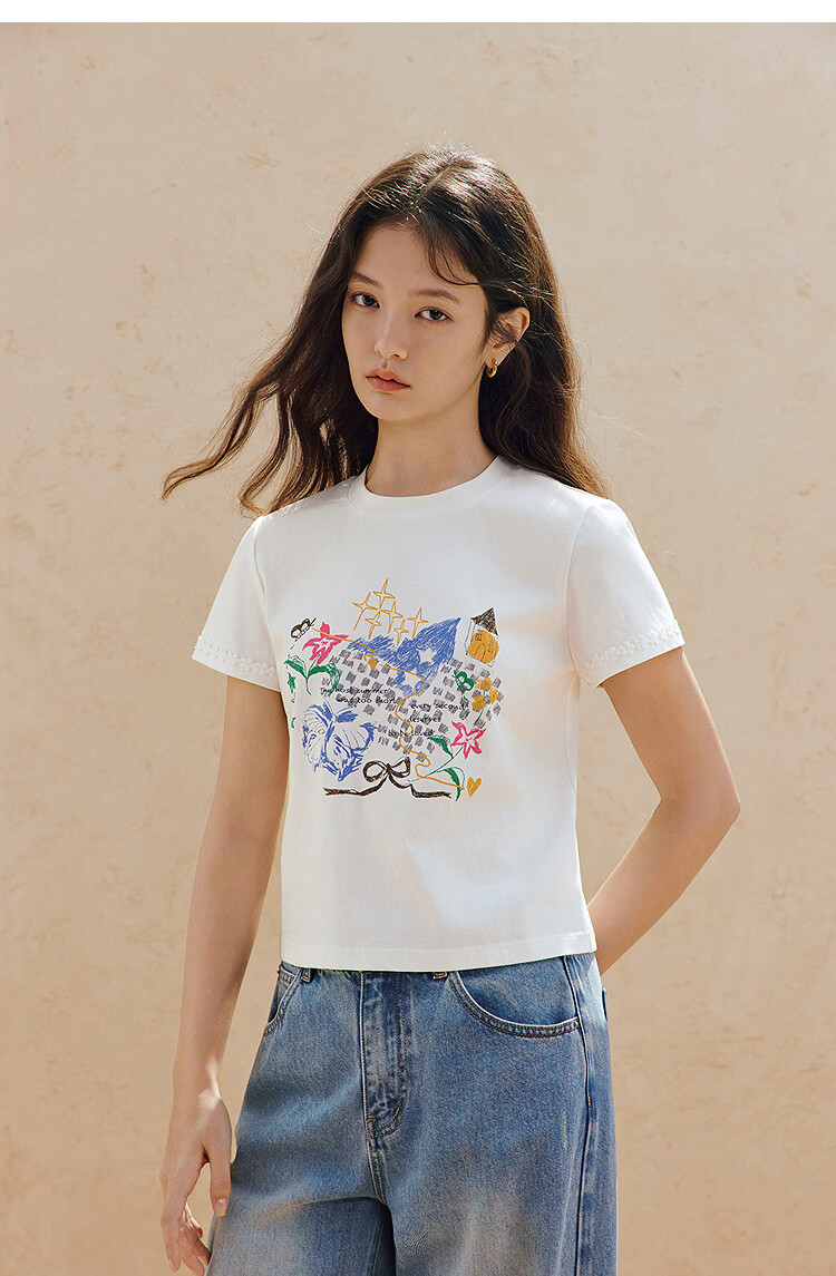 INMAN White Printed Shoulder Short Sleeve T-Shirt 26 Summer Women's New Round Neck Lace Slim Top Pearl White XL 16