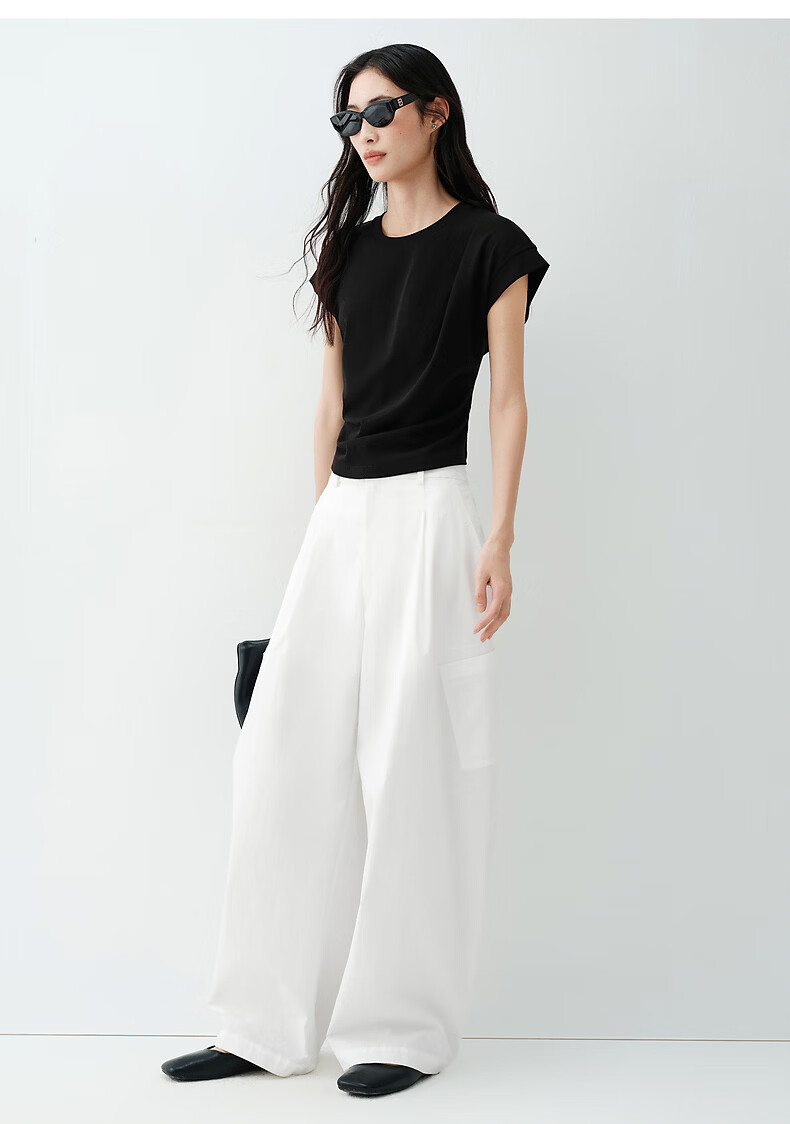 Peacebird Women's T-Shirt [5A Antibacterial] Waist Pleated Slim Fit Short Sleeve Summer Puff Sleeve Top White L 20