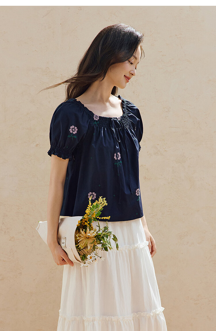 INMAN 100% Xinjiang Cotton French Square Neck Embroidered Shirt 2026 Summer Women's New Off-Shoulder Top Navy Blue S 16