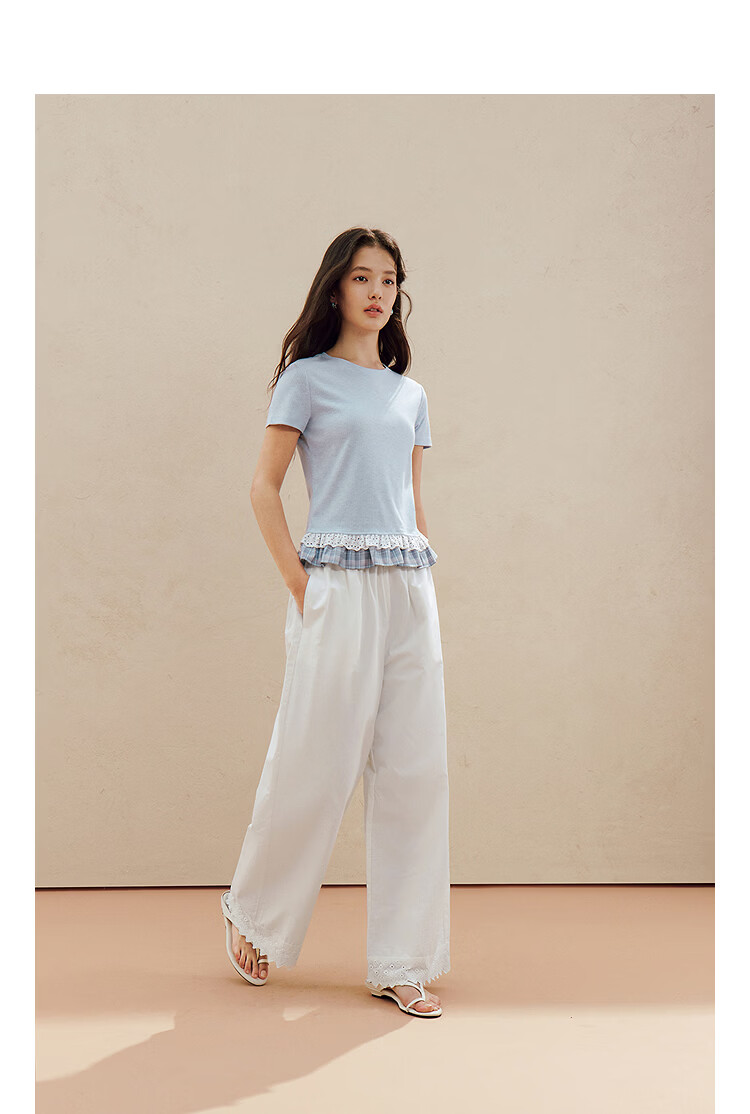 INMAN Color-Block Lace Trim Short Sleeve Slim Fit T-Shirt 26 Summer Women's New Lace Plaid Top Light Blue S 4