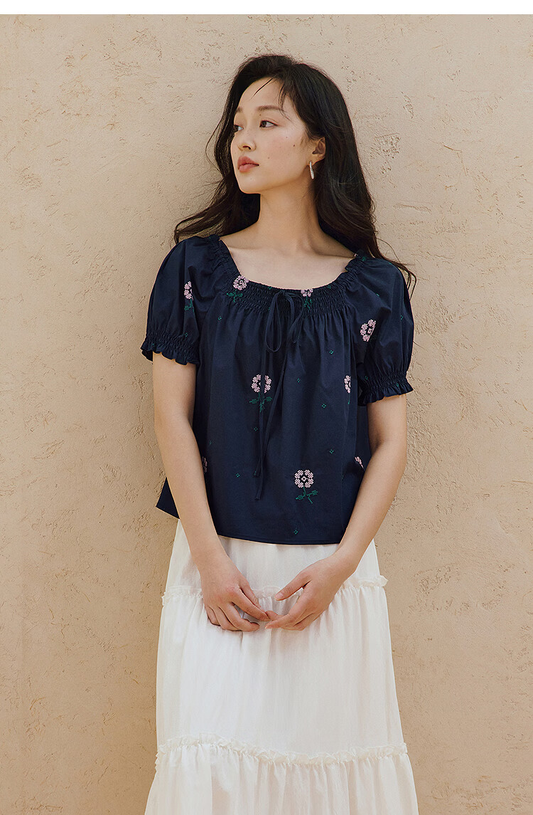 INMAN 100% Xinjiang Cotton French Square Neck Embroidered Shirt 2026 Summer Women's New Off-Shoulder Top Navy Blue S 14