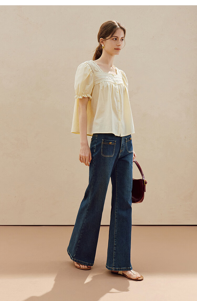 INMAN Linen Cotton French Lace Embroidered Square Neck Puff Sleeve Shirt Summer 2026 Women's New Milk Yellow XL 16