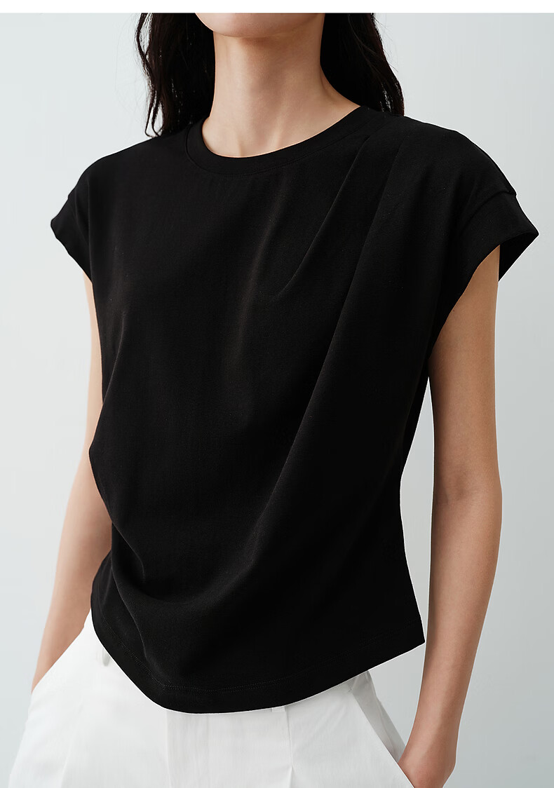 Peacebird Women's T-Shirt [5A Antibacterial] Waist Pleated Slim Fit Short Sleeve Summer Puff Sleeve Top White L 21