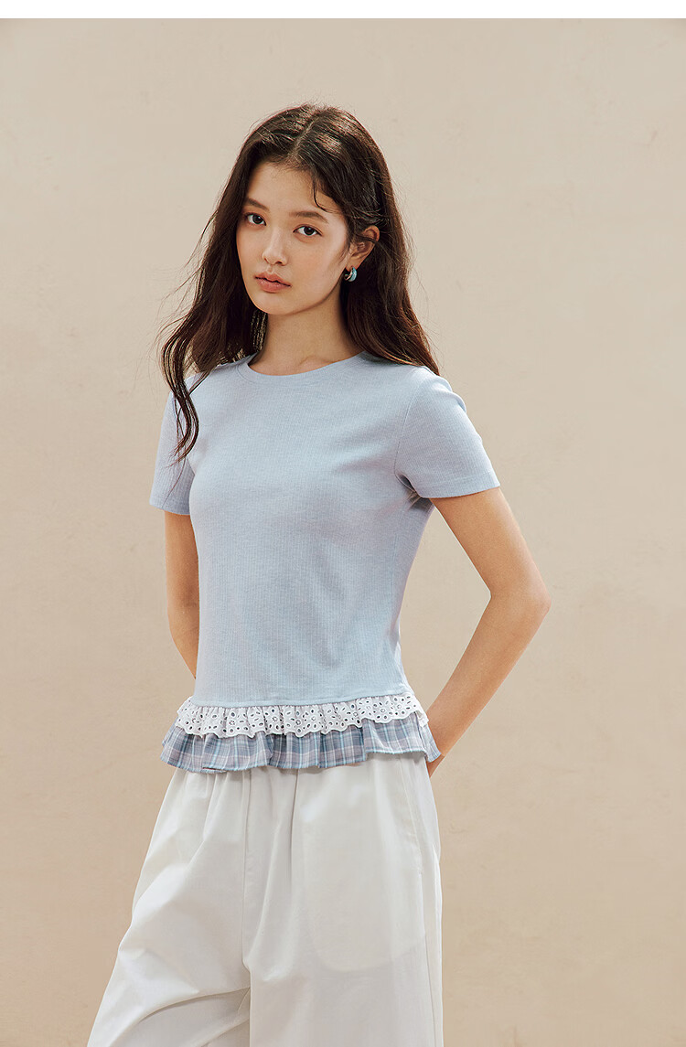 INMAN Color-Block Lace Trim Short Sleeve Slim Fit T-Shirt 26 Summer Women's New Lace Plaid Top Light Blue S 17