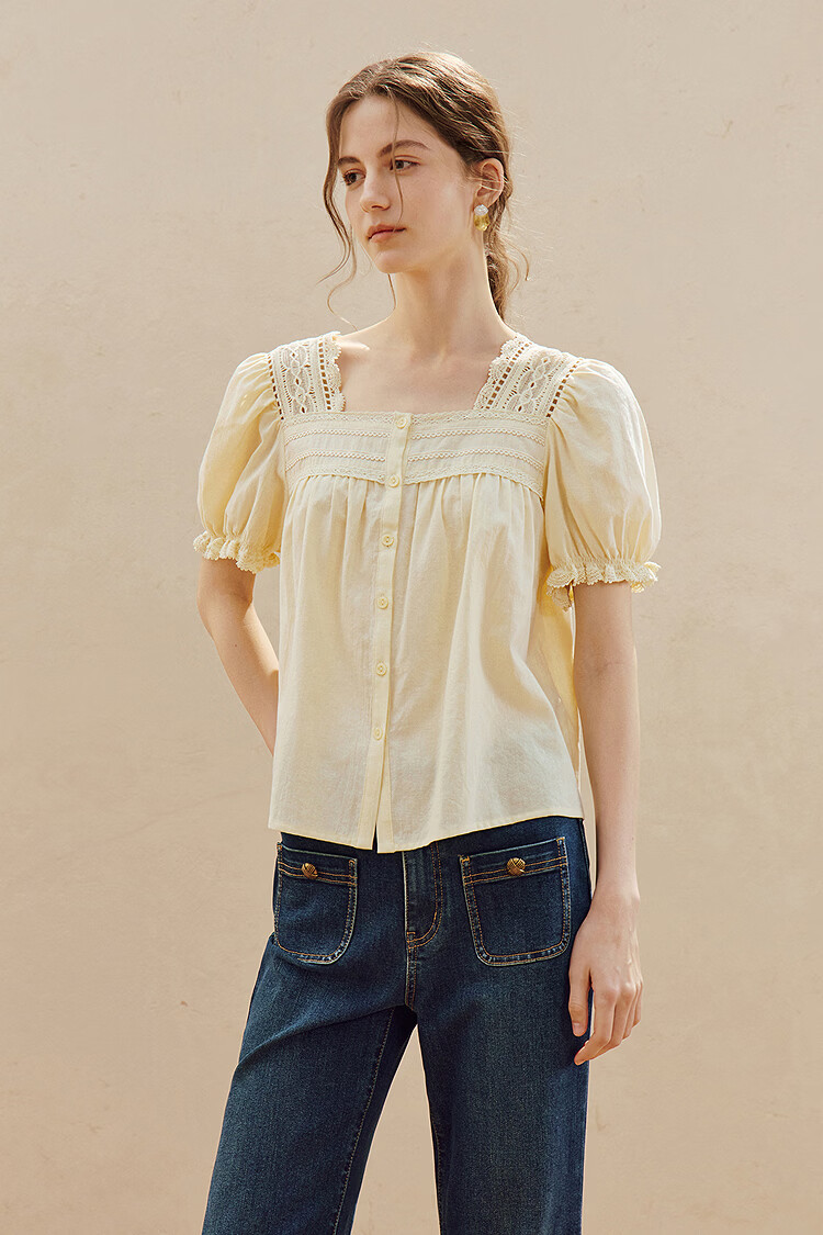 INMAN Linen Cotton French Lace Embroidered Square Neck Puff Sleeve Shirt Summer 2026 Women's New Milk Yellow XL 2
