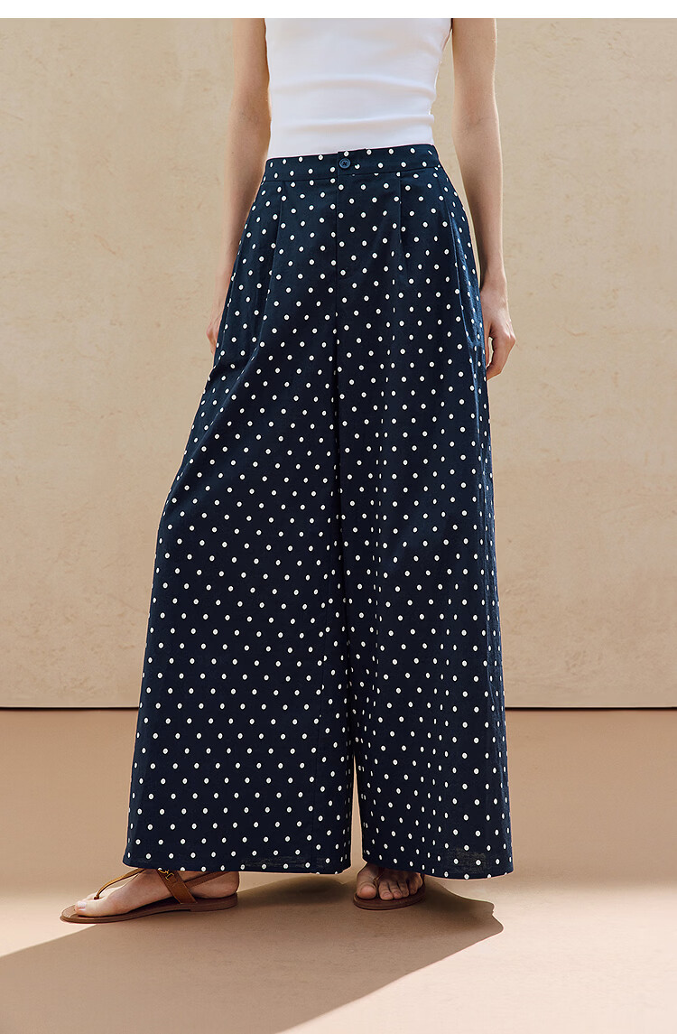 INMAN Linen Cotton Vintage Polka Dot Loose Wide-Leg Pants 26 Summer Women's New Elastic Waist Long Pants Black and White Polka Dot S 14