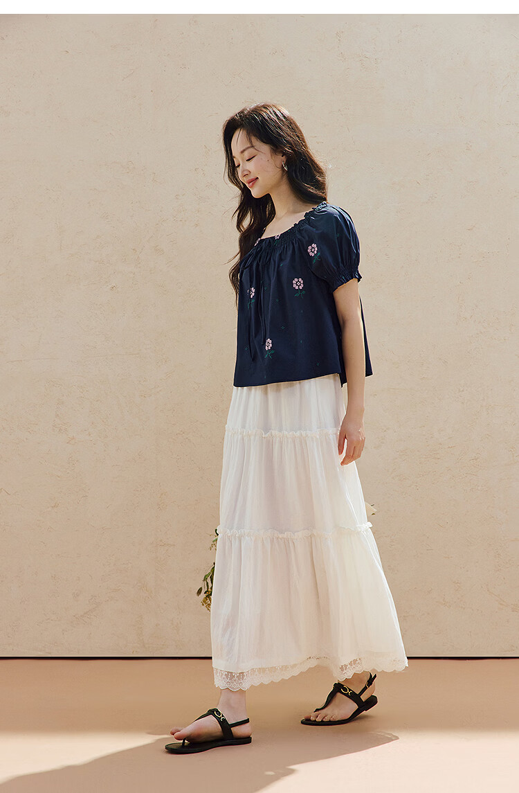 INMAN 100% Xinjiang Cotton French Square Neck Embroidered Shirt 2026 Summer Women's New Off-Shoulder Top Navy Blue S 17