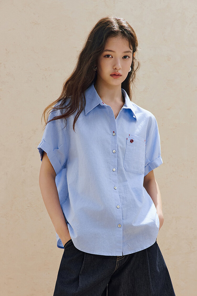 INMAN Linen Cotton Salt Style Loose Short Sleeve Shirt 26 Summer New Rolled Sleeve Versatile Shirt Light Water Blue M 2