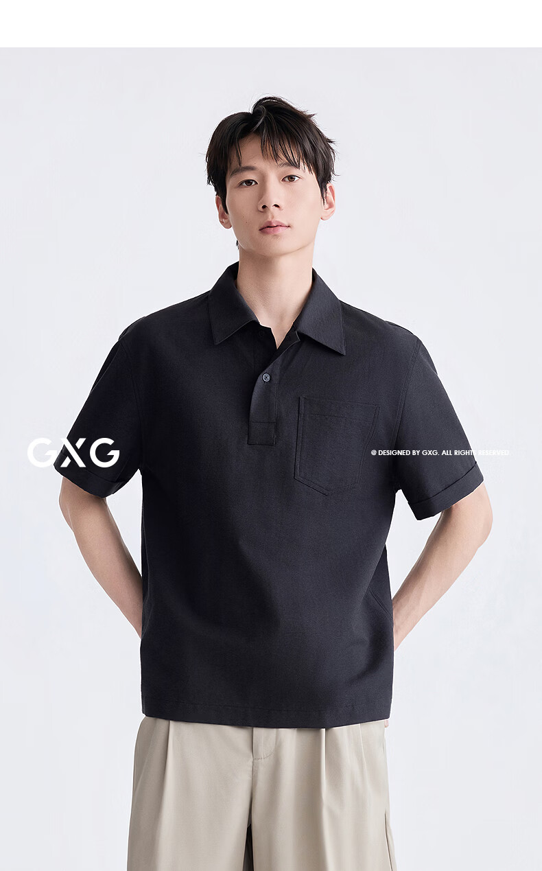 GXG Men's Casual Loose Fit Polo Shirt with Linen Blend Pocket Design and Spread Collar Short Sleeve 2026 Summer New Arrival 1