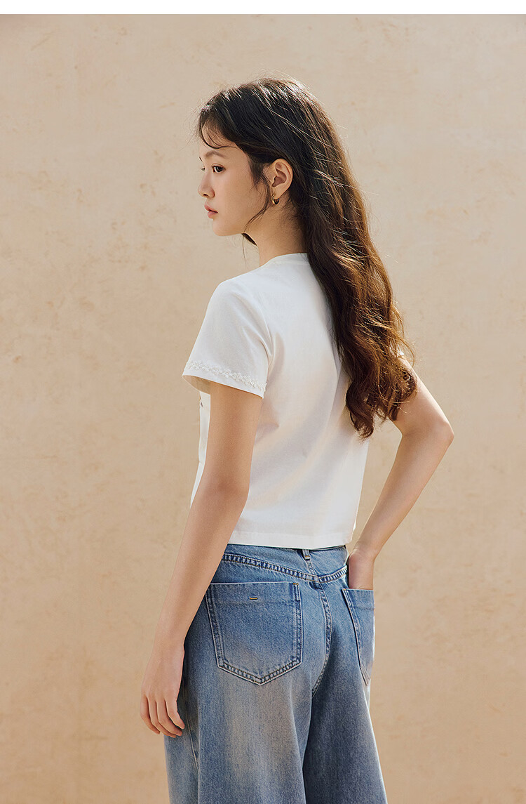 INMAN White Printed Shoulder Short Sleeve T-Shirt 26 Summer Women's New Round Neck Lace Slim Top Pearl White XL 18