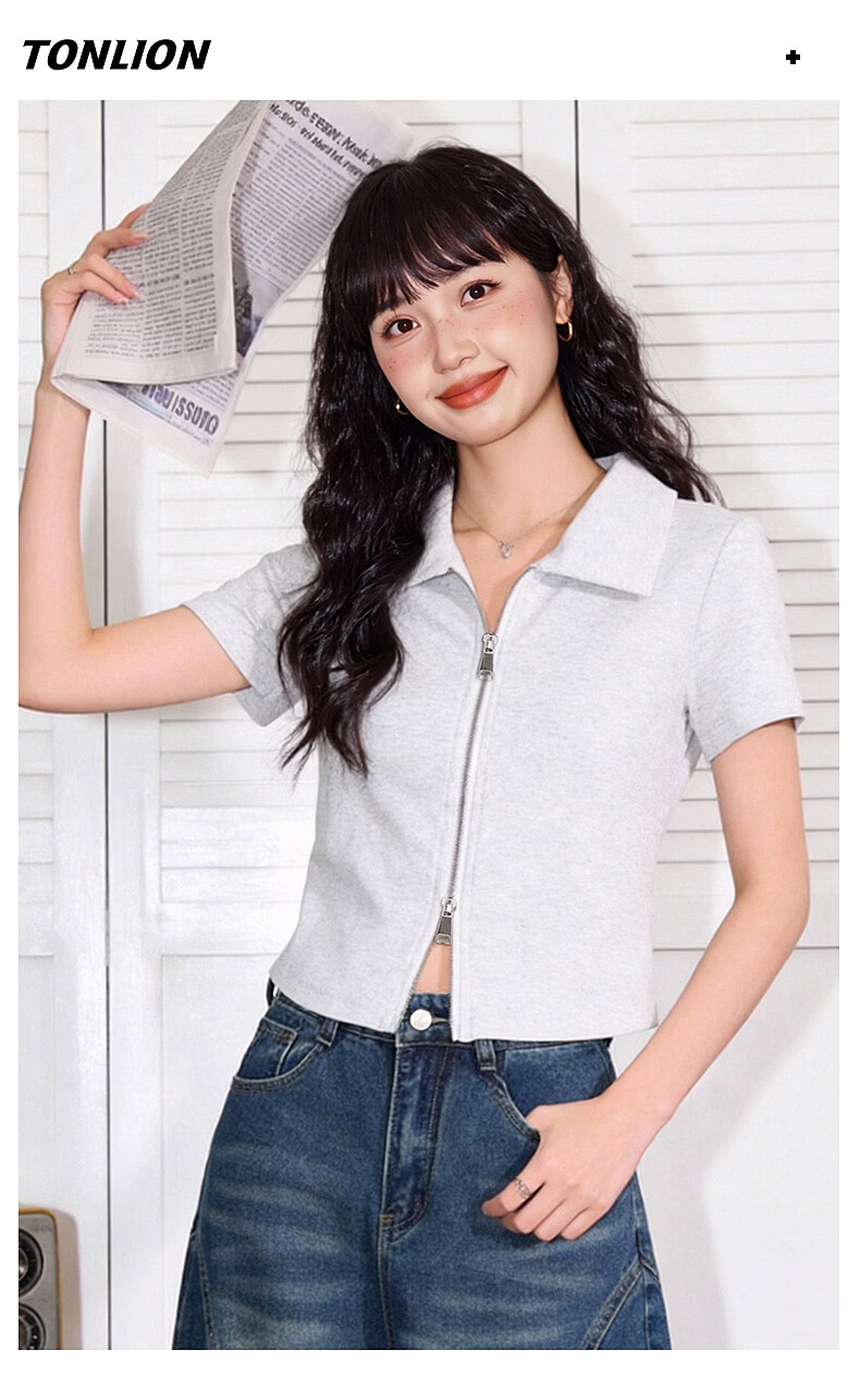 TonLion Women's Short Sleeve Crop Polo T-Shirt with Trendy Double Zipper Design Slim Fit Summer Top 9