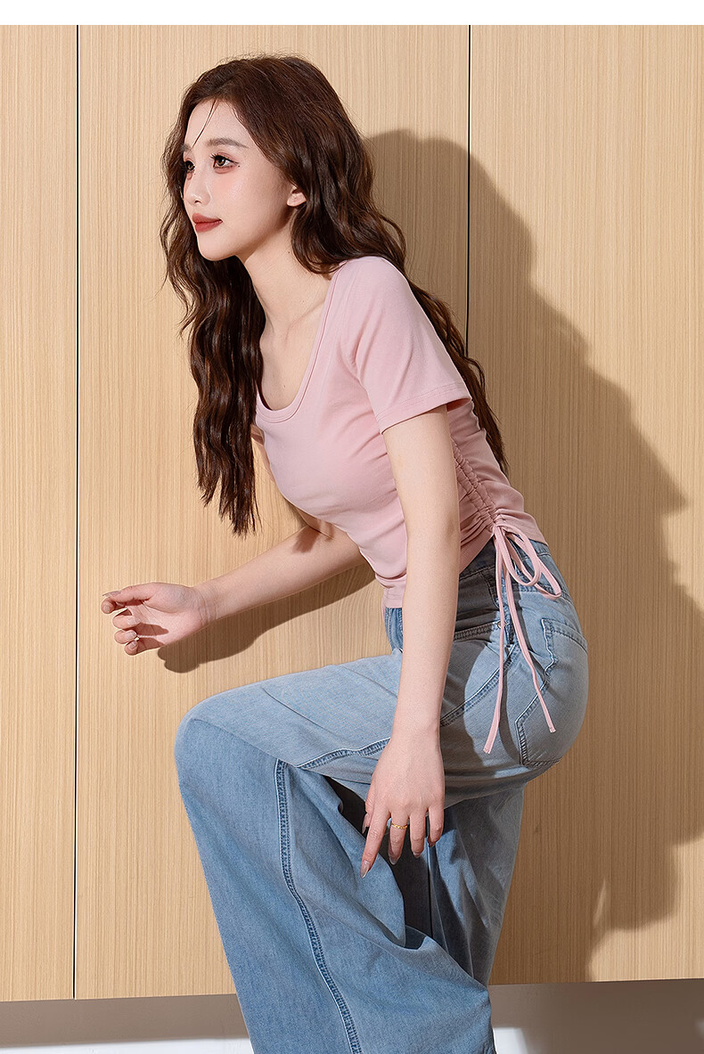 TonLion Tang Lion 2026 Spring Women's Knitted U-Neck Drawstring Short Sleeve T-Shirt Light Pink M 10
