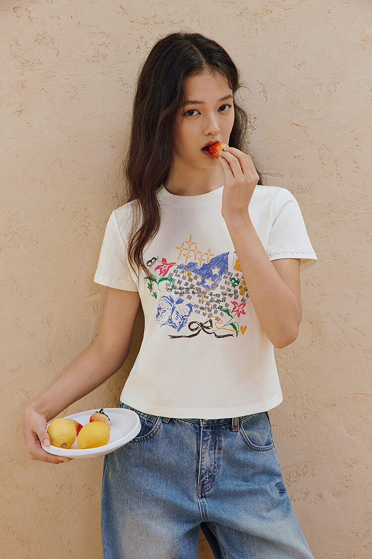 INMAN White Printed Shoulder Short Sleeve T-Shirt 26 Summer Women's New Round Neck Lace Slim Top Pearl White XL 2