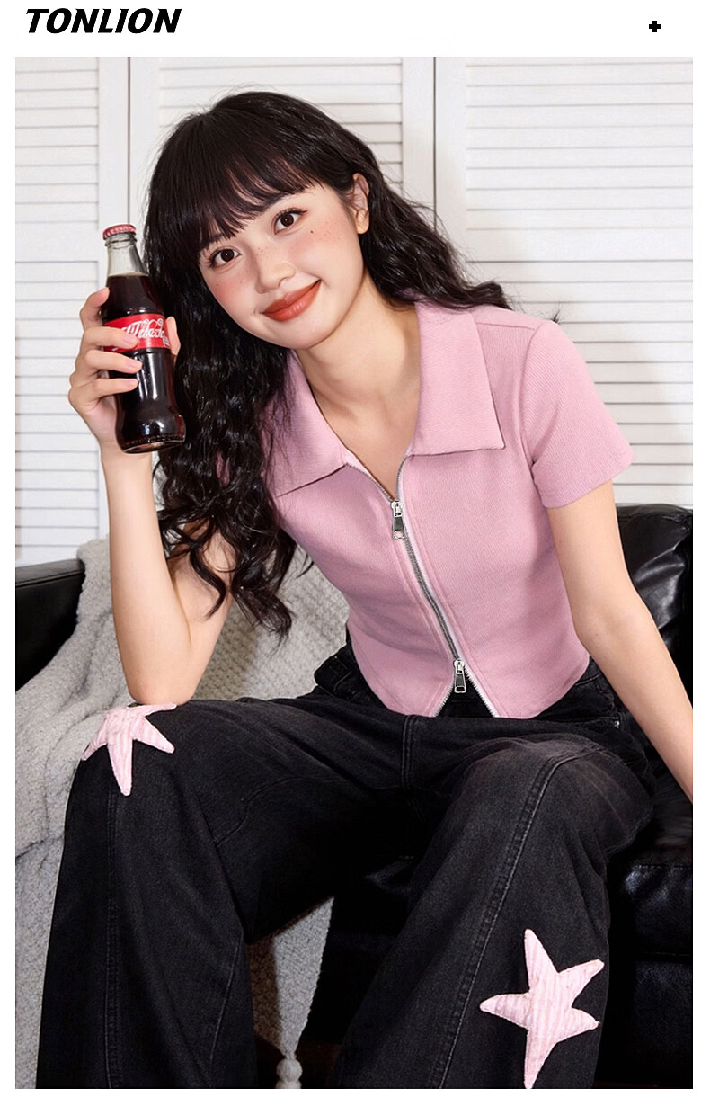 TonLion Women's Short Sleeve Crop Polo T-Shirt with Trendy Double Zipper Design Slim Fit Summer Top 11