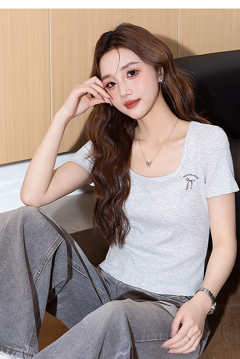 TonLion Tang Lion 2026 Spring Women's Square Neck Slim Fit Short Sleeve T-Shirt White XL 9