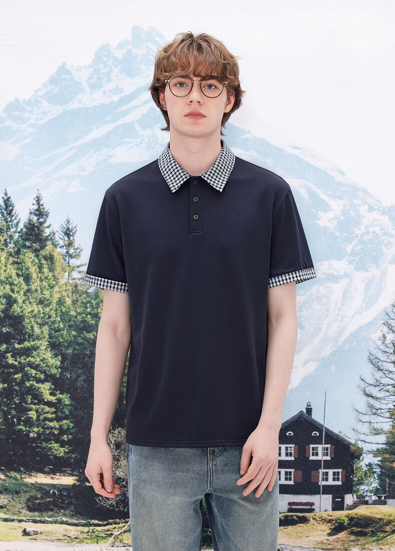 Gxgjeans Men's Plaid Splice Collar Short Sleeve Polo Shirt 26 Summer New Navy Blue 175/L 13
