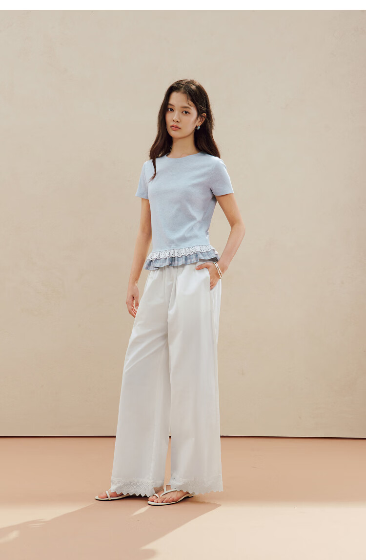 INMAN Color-Block Lace Trim Short Sleeve Slim Fit T-Shirt 26 Summer Women's New Lace Plaid Top Light Blue S 16