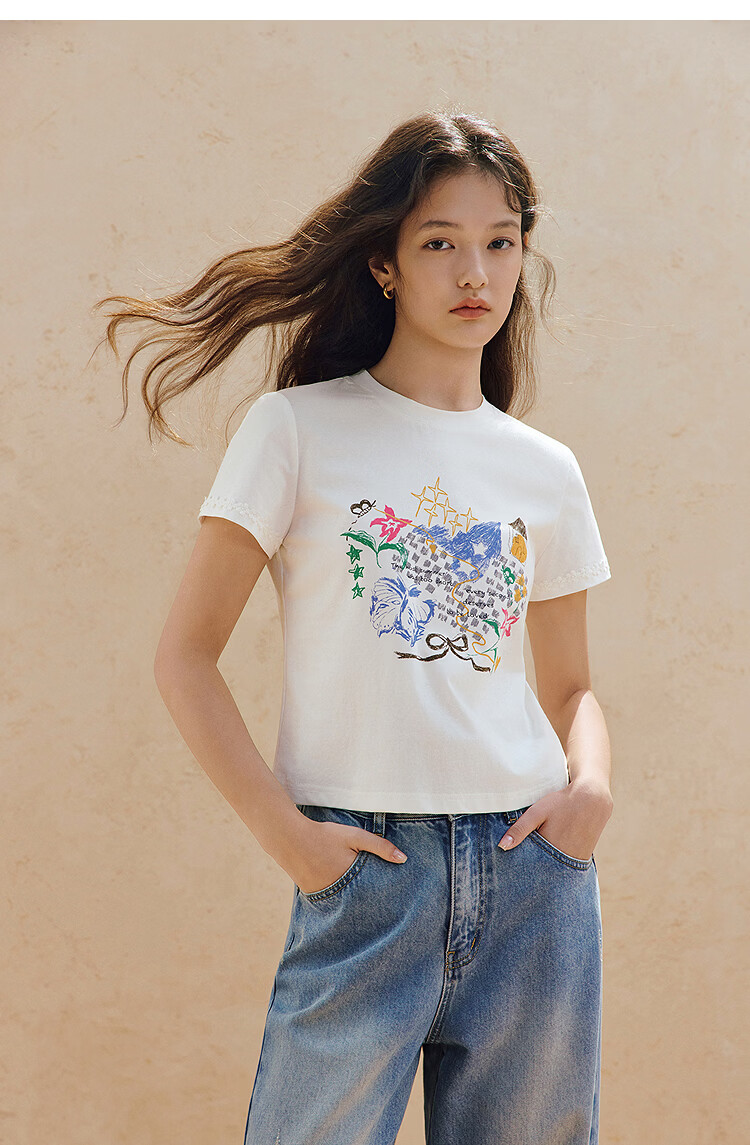 INMAN White Printed Shoulder Short Sleeve T-Shirt 26 Summer Women's New Round Neck Lace Slim Top Pearl White XL 14