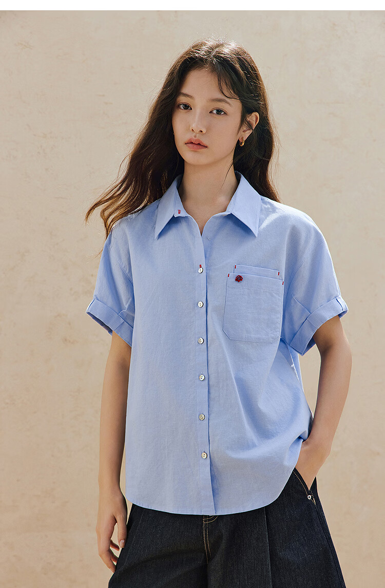 INMAN Linen Cotton Salt Style Loose Short Sleeve Shirt 26 Summer New Rolled Sleeve Versatile Shirt Light Water Blue M 10