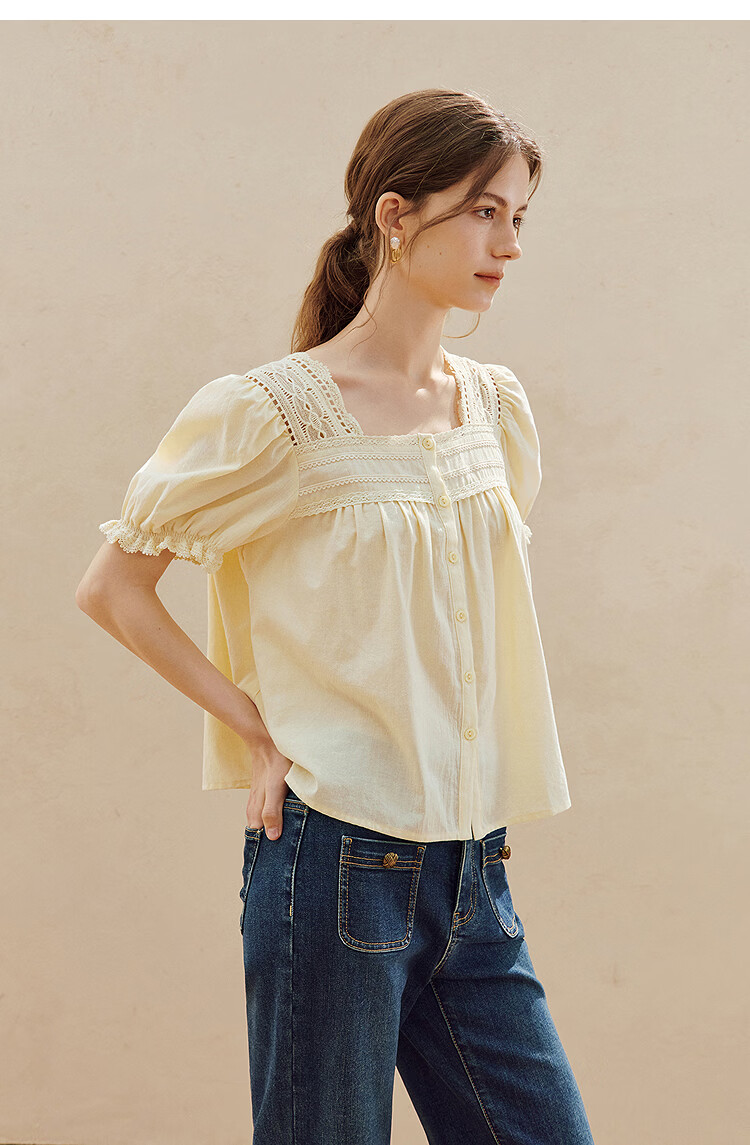 INMAN Linen Cotton French Lace Embroidered Square Neck Puff Sleeve Shirt Summer 2026 Women's New Milk Yellow XL 15