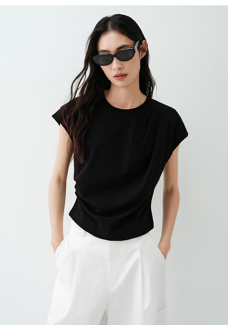 Peacebird Women's T-Shirt [5A Antibacterial] Waist Pleated Slim Fit Short Sleeve Summer Puff Sleeve Top White L 19