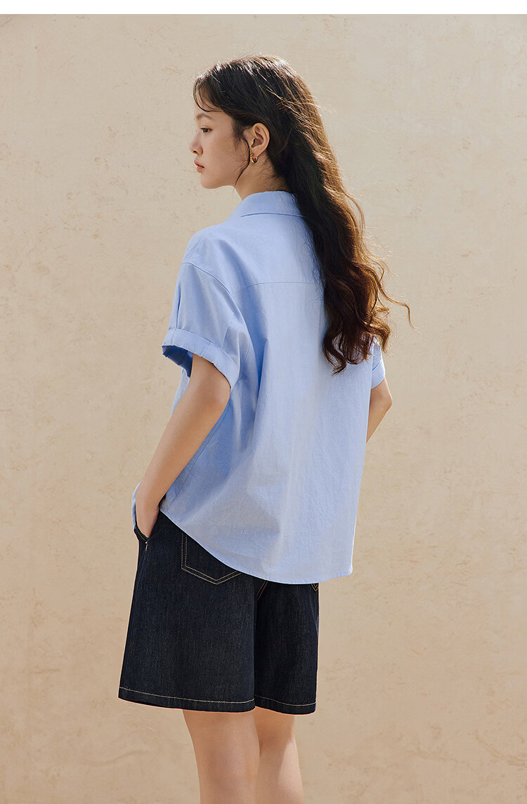 INMAN Linen Cotton Salt Style Loose Short Sleeve Shirt 26 Summer New Rolled Sleeve Versatile Shirt Light Water Blue M 14
