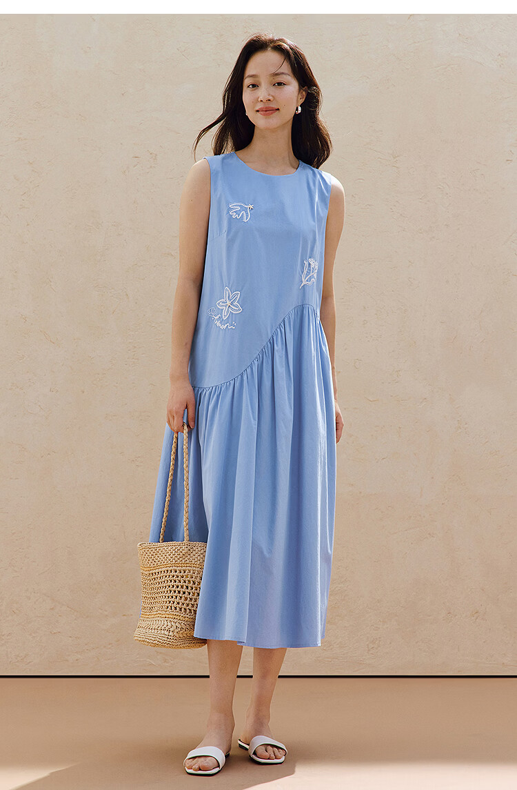 INMAN Lenzing Cotton Embroidered 3D Vacation Boho Dress 26 Summer New Sleeveless Dress Blue L 15