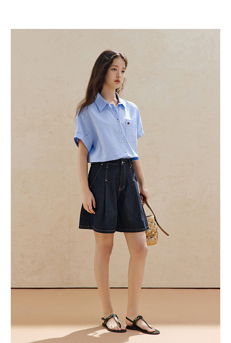 INMAN Linen Cotton Salt Style Loose Short Sleeve Shirt 26 Summer New Rolled Sleeve Versatile Shirt Light Water Blue M 4