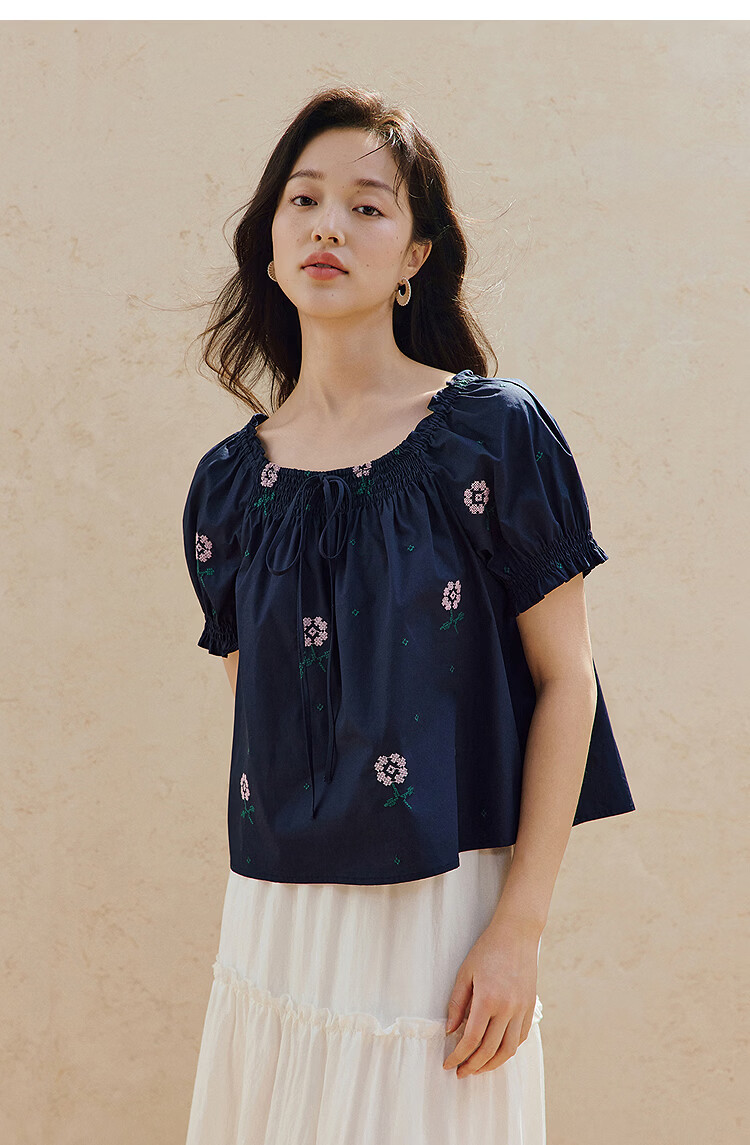 INMAN 100% Xinjiang Cotton French Square Neck Embroidered Shirt 2026 Summer Women's New Off-Shoulder Top Navy Blue S 15
