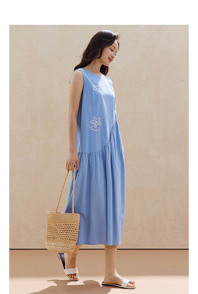 INMAN Lenzing Cotton Embroidered 3D Vacation Boho Dress 26 Summer New Sleeveless Dress Blue L 4
