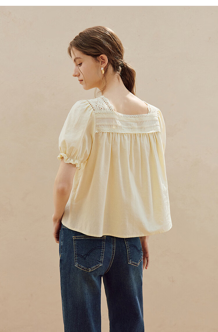 INMAN Linen Cotton French Lace Embroidered Square Neck Puff Sleeve Shirt Summer 2026 Women's New Milk Yellow XL 18