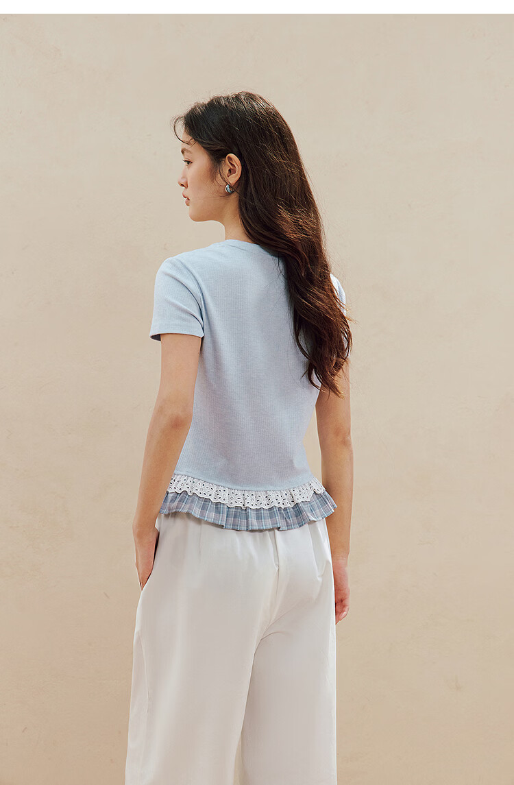 INMAN Color-Block Lace Trim Short Sleeve Slim Fit T-Shirt 26 Summer Women's New Lace Plaid Top Light Blue S 18