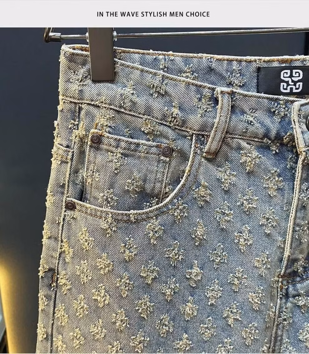 Full Print Jacquard Denim Shorts Men's Summer American Retro Trendy Brand Design Sense Student Ruffian Handsome Casual Five-point Pants, Blue S_viptrois.com