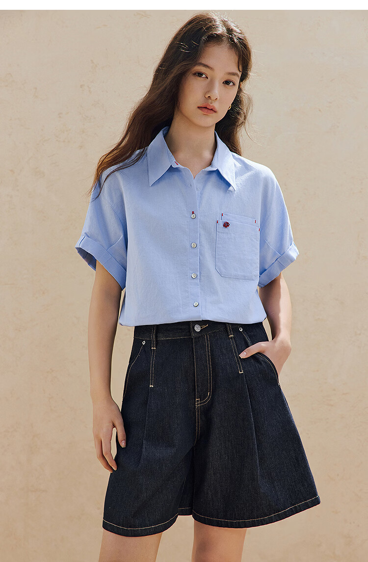 INMAN Linen Cotton Salt Style Loose Short Sleeve Shirt 26 Summer New Rolled Sleeve Versatile Shirt Light Water Blue M 13