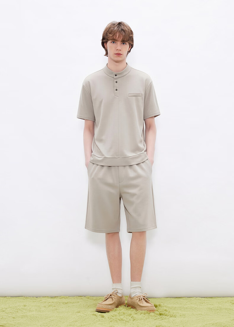 Gxgjeans Men's Casual Basic Henry Collar Stand Collar Short Sleeve Polo Shirt 26 Summer New Light Khaki 180/XL 10