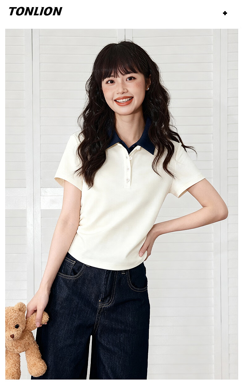 TonLion Women's Short Sleeve T-Shirt Polo Collar Slim Fit Crop Top 2026 Summer New College Style 10